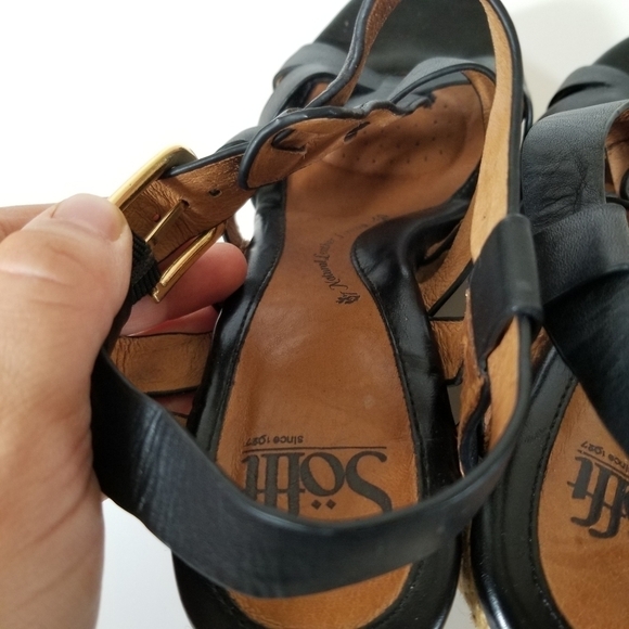 SOFFT Black Leather Heeled Wedge Espadrille Sandals Size 9.5 - Picture 3 of 7